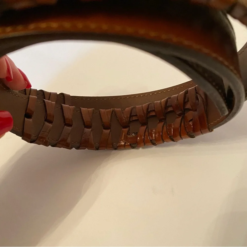 TORINO BELT BROWN LEATHER WOVEN & SMOOTH USA GOLD TONE ITALY BUCKLE SIZE 38
